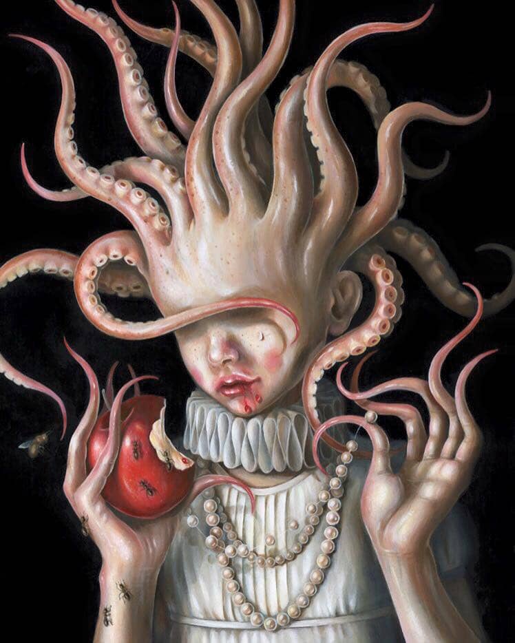 octopus headed girl with apple