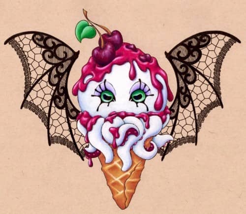 colored pencil by Starr, black cherry octopus ice cream cone