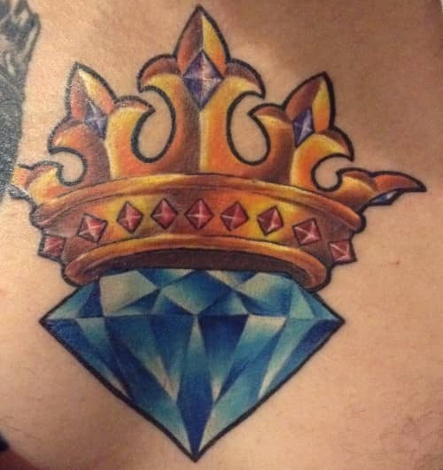 tattoo by Starr, blue diamond with crown