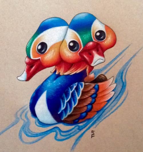 colored pencil by Starr, cute two headed mandarin duck