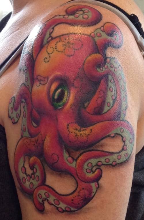 tattoo by Starr, pink octopus with flower design
