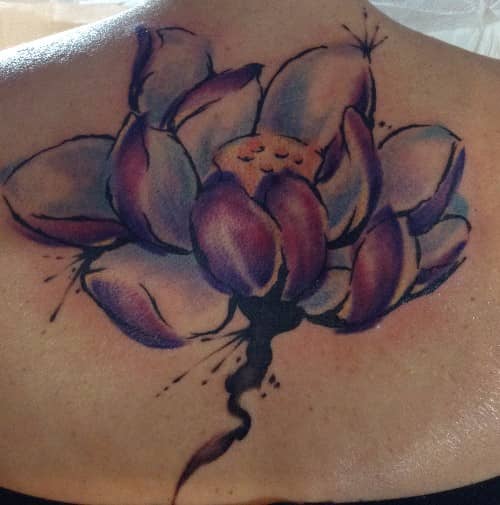 tattoo by Starr, blue and purple waterlily