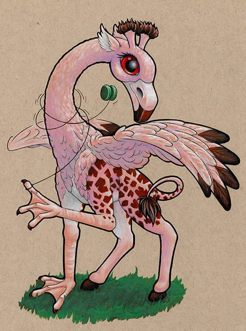 colored pencil by Starr, a flamingo-giraffe griffing playing with a yo-yo