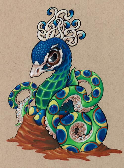 colored pencil by Starr, Seahorse, peacock, octopus hybrid sitting on eggs