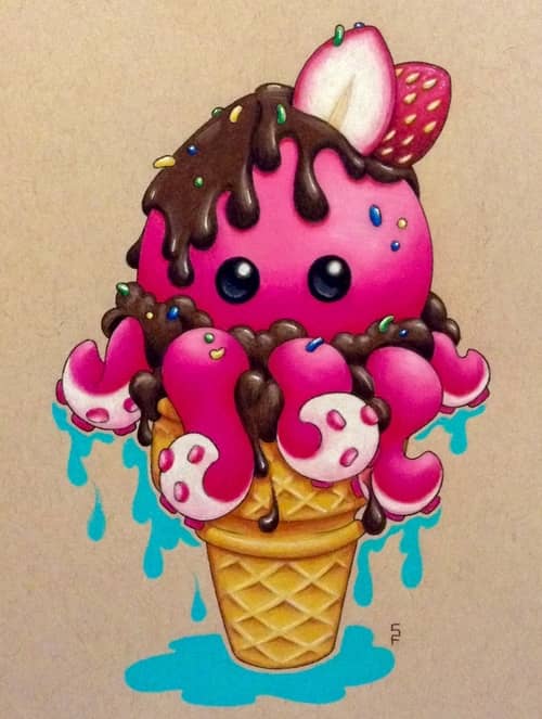 colored pencil by Starr, strawberry octopus ice cream cone
